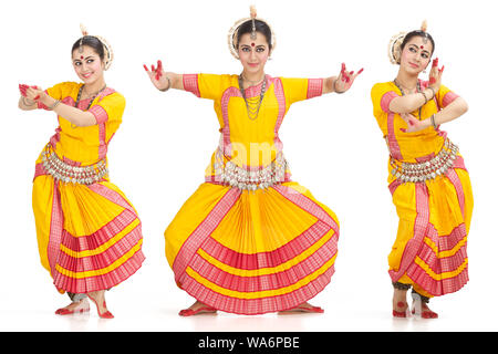 Mehrere Bilder einer jungen Frau, die einen Odissi-Tanz aufführt Stockfoto