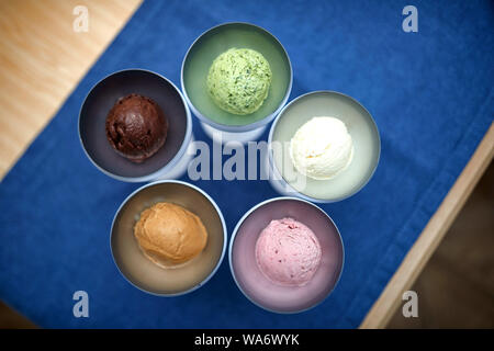 Fünf Arten von Eis in verschiedenen Farben im schönen ice cream maker Stockfoto