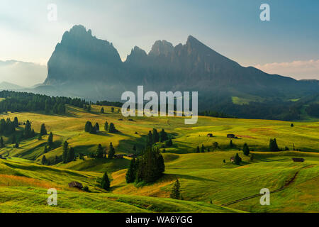 Seiser Alm oder Seiser Alm mit langkofel oder Langkofel Berg im Hintergrund bei Sonnenaufgang. Bergwiese mit Chalets aus Holz in Dolomiten, Tren Stockfoto