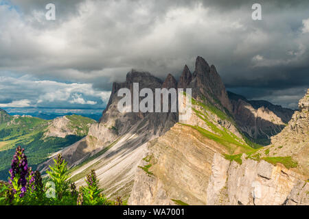 Schöne Aussicht auf die Seceda Peak. Trentino Südtirol, Dolomiten, Alpen, Südtirol, Italien, Europa. Geisler, Gröden Stockfoto