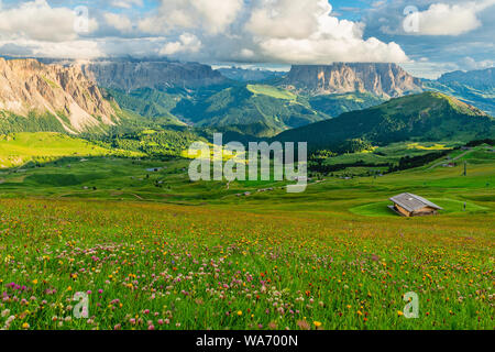 Wunderschöne Aussicht auf der Seiser Alm oder Seiser Alm mit langkofel oder Langkofel Berg in Wolken von Seceda. Bergwiese mit Chalets aus Holz in Stockfoto