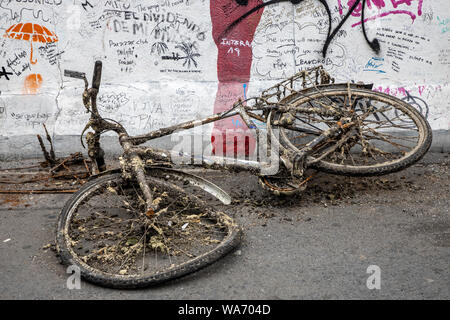 Fahrräder, schmutzig, von der Spree geborgen wurden, die Fahrräder wurden entsorgt, meist nach Diebstahl im Fluss, Eastside Gallery, Berlin, Stockfoto