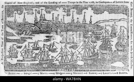 Eine prospektive, die den Ausblick auf die Stadt Boston, die Hauptstadt von New-England-und die Landung von - - - Truppen im Jahre 1768, in der Folge von Briefen von reg. Bernard, die Kommissionsmitglieder, &c., die britische Ministerium/S. verehren. Stockfoto