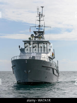 MV Saint Piran eine Fischerei Schutz Patrol Schiff fotografiert am Meer in Mounts Bay, Cornwall, England, Großbritannien Stockfoto