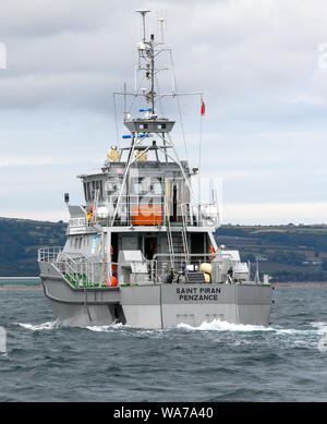 MV Saint Piran eine Fischerei Schutz Patrol Schiff fotografiert am Meer in Mounts Bay, Cornwall, England, Großbritannien Stockfoto