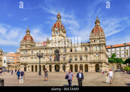 A La Coruna, Spanien. Das prunkvolle Gebäude Rathaus Palacio Municipal in Maria Pita Platz. A La coruna. Spanien Stockfoto