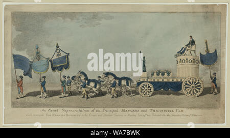 Eine genaue Darstellung der wichtigsten Banner und triumphal Auto, das Sir Frances Burdett auf die Krone und Anker Taverne am Montag, Juni 29th, 1807 - gewidmet dem 5134 unabhängige Wähler in der Westminster Abstract: Drucken zeigt drei Männer mit Banner führenden vier - Horse team Zeichnen einer Beförderung mit einer Statue von Britannia eine Personal gekrönt mit einem Liberty cap, zwei fasces auf einer niedrigen Plattform, und Sir Frances Burdett in einem Stuhl sitzt auf einem kurzen Spalte, ein Mann mit einem Banner hinter dem Schlitten folgt. Stockfoto