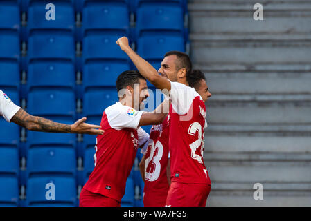 Barcelona, Spanien. 18 Aug, 2019. Sevilla Spieler feiern einen goalç während des La Liga Match zwischen RCD Espanyol und Sevilla CF RCDE Stadion in Barcelona, Spanien. Credit: Christian Bertrand/Alamy leben Nachrichten Stockfoto