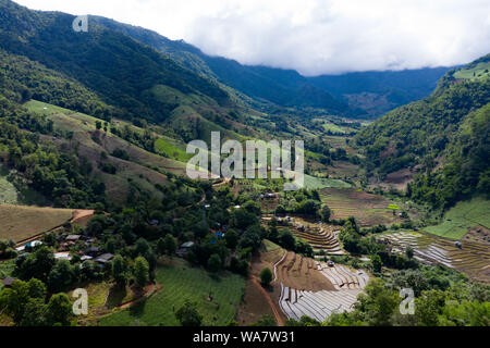 Antenne drone Ansicht von terrassierten Reisfeldern in Thailand. Stockfoto