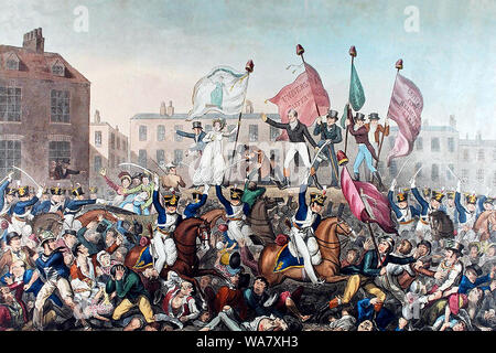 Die peterloo Massaker bei St. Peter Feld, Manchester, Lancashire, England, 16. August 1819 bei der Kavallerie in eine Masse von 60.000 - 80.000 waren die Reform der parlamentarischen Vertretung Rechnung zu verlangen. Stockfoto