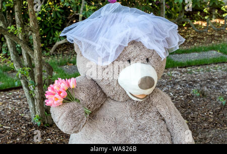 Hochzeit Portrait eines großen Teddybär, der trägt einen Schleier und hält Blumen an ein Teddybär Hochzeit Stockfoto
