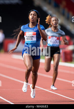 BIRMINGHAM, ENGLAND - 18. August: shelly-ann Fraser-Pryce (JAM) konkurrieren in der 200m während der Muller Birmingham Grand Prix & IAAF Diamond League event bei Alexander Stadium am August 18, 2019 in Birmingham, England. Gary Mitchell/Alamy leben Nachrichten Stockfoto