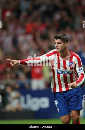 Madrid, Spanien. 18 Aug, 2019. Madrid, Spanien; 18.08.2019. Fußball der Liga Match 01 2019-2020 Atletico de Madrid gegen Getafe am Wanda Metropolitano Stadium statt, in Madrid. Morata Atletico de Madrid Spieler Ziel Credit: Juan Carlos Rojas/Picture Alliance | Verwendung weltweit/dpa/Alamy leben Nachrichten Stockfoto