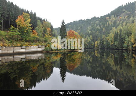 Misty Herbst Landschaft im Oderteich, Okertal. Herbst im Harz Oderteich, Talsperre im Oberharz. Stockfoto