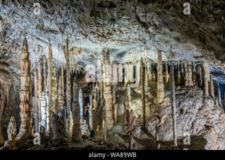 Han-sur-Lesse, Belgien - 25. Juni 2019: Grottes de Han 5 36. unterirdischen Bilder von Stalagmiten und Stalaktiten in verschiedenen Formen und Farben. Stockfoto