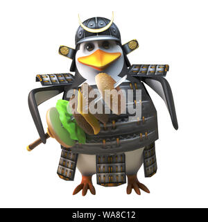 Cartoon 3d-pinguin Samurai Krieger in Rüstung und ein Schwert mit Beef Burger Zutaten, 3d-Grafik rendern Stockfoto