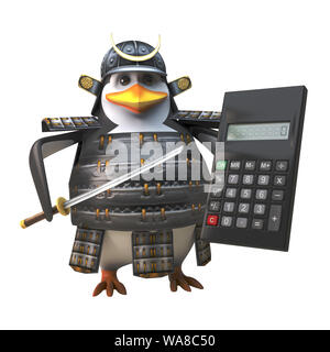 3d-Pinguin cartoon Samurai Krieger in Rüstung, Schwert und calulator, 3d-Grafik rendern Stockfoto