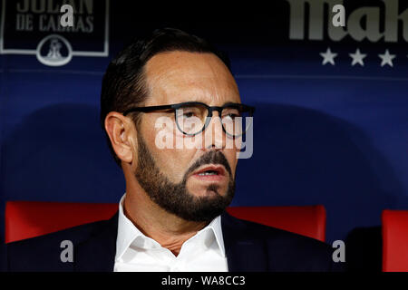 Von Getafe CF Trainer Jose Bordalas während der spanischen La Liga Match zwischen Atletico de Madrid und Getafe CF Wanda Metropolitano Stadion. Stockfoto