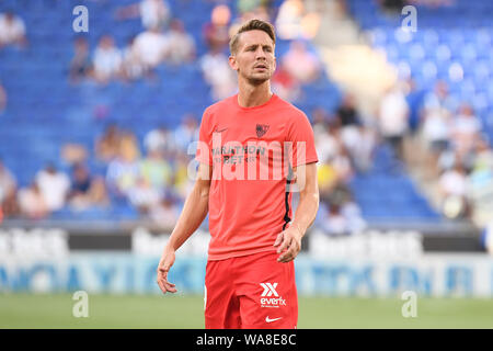Barcelona, Spanien. 18 Aug, 2019. Luuk De Jong von FC Sevilla während des Spiels RCD Espanyol v FC Sevilla, der LaLiga Saison 2019/2019, Datum 1. RCDE Stadion. Barcelona, Spanien, 18. Aug 2019. Credit: PRESSINPHOTO/Alamy leben Nachrichten Stockfoto