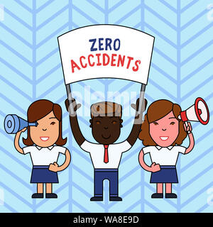 Schreiben Hinweis zeigt Null Unfälle. Business Konzept für wichtige Strategie zur Verhütung von Unfällen am Arbeitsplatz Menschen mit Banner, Megafon und Spion Stockfoto