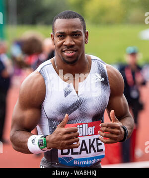 Birmingham, Großbritannien. 18 Aug, 2019. Yohan Blake (JAM) feiert seinen Gewinn im 100m während der Muller Birmingham Grand Prix & IAAF Diamond League Event im Alexander Stadium. Credit: SOPA Images Limited/Alamy leben Nachrichten Stockfoto