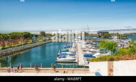 San Diego/USA - 11. August 2019. San Diego Marina Hafen. Luxus Yachten in Embarcadero Park South, und sonnigen Tag Promenade genießen. Ansicht her Stockfoto