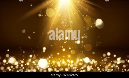 Lichtstrahlen und goldenen, glitzernden Staub. Glänzend Spotlight oder Szene. Verschwommen lichter Bokeh. Vector Illustration Stock Vektor