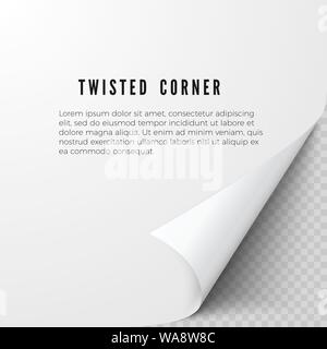 Realistische Blatt Papier mit umgeknickter Ecke. Blatt Papier mit Schatten auf transparenten Hintergrund. Vector Illustration Stock Vektor