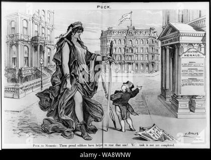 Cartoon zeigen Puck an der New York Herald und Staatszeitung Zeitung Gebäude zeigen und für die großen weiblichen Figur Nemesis: Diese stolzen Bauten, die dazu beigetragen haben, dass man hinten an! (Madame Restell's Medical Bürogebäude). Ihre Aufgabe ist noch nicht abgeschlossen. Cartoon zeigt Editorial gegen Zeitungen, klassifiziert ermöglichen Ads für Ärztinnen, die bieten für Frauen (frauenärztin) und für reißerische Amusement Kontaktanzeigen Stockfoto