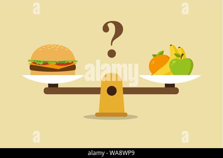 Obst und Hamburger auf Skalen. Ernährung und gesundes Essen. Vector Illustration Stock Vektor