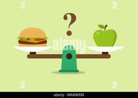 Apple und Hamburger auf Skalen. Ernährung und gesundes Essen. Vector Illustration Stock Vektor