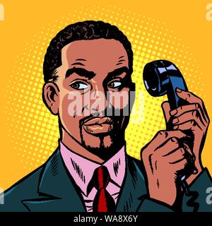 Schweren afrikanischen Mann auf einem retro Telefon. Pop Art retro Vektor illustration Zeichnung Stock Vektor