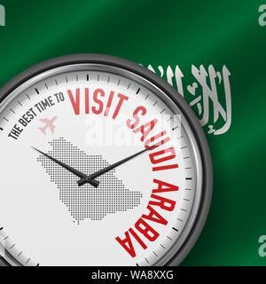 Die beste Zeit für einen Besuch in Saudi-Arabien. Reisen nach Saudi-Arabien. Touristische Air Flug. Wehende Flagge Hintergrund und Dots Pattern Map auf dem Zifferblatt. Vektor Illus Stock Vektor