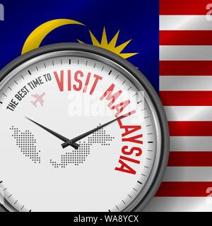 Die beste Zeit für einen Besuch in Malaysia. Reisen nach Malaysia. Touristische Air Flug. Wehende Flagge Hintergrund und Dots Pattern Map auf dem Zifferblatt. Vector Illustration. Stock Vektor