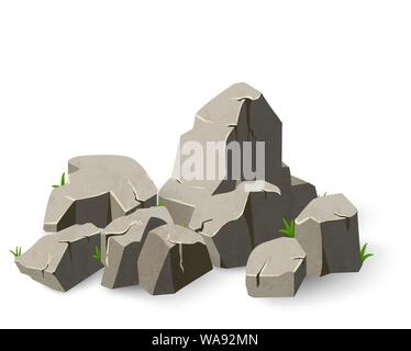 Stein eingestellt im Stil Cartoon. Reihe von Felsbrocken. Element grau Granit Berge. Vector Illustration auf weißen isoliert Stock Vektor