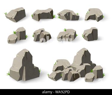 Stein eingestellt im Stil Cartoon. Reihe von Felsbrocken. Element grau Granit Berge. Vector Illustration auf weißen isoliert Stock Vektor