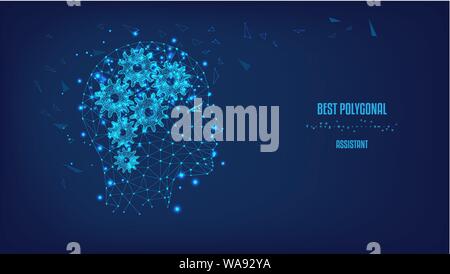 Silhouette einer polygonalen Kopf und Zahnräder in der Form des Gehirns. Polygonale Abbildung: Dreiecke und Punkte. Konzept des Denkens Mensch, visuali Stock Vektor