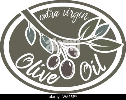 Oval Olivenöl logo oder Abzeichen mit Ölzweig und Text natives Olivenöl extra Vector Illustration Stock Vektor