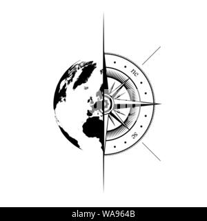 Schwarze Half Weltkarte und windrose Silhouette auf weißem Hintergrund Stock Vektor
