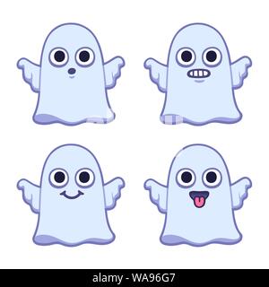 Lustige cartoon ghost Zeichnung mit unterschiedlichen Ausdrücken. Cute Halloween Vector Illustration. Stock Vektor