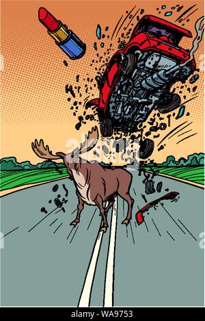 Gefahr auf der Straße, wilde Tiere. Elch und Auto. Comic cartoon Pop Art retro Vektor illustration Zeichnung Stock Vektor