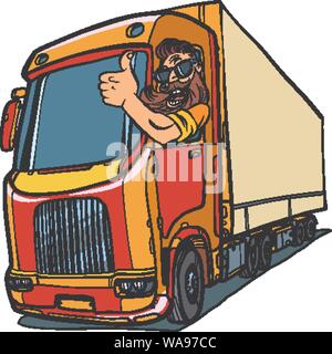 Lkw-Fahrer. Mann mit Bart Daumen nach oben. Comic cartoon Pop Art retro Vektor illustration Zeichnung Stock Vektor