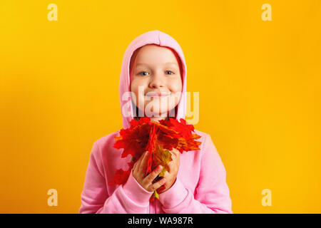 Süße kleine Mädchen mit einem armful Herbst Ahorn Blätter auf gelbem Hintergrund Stockfoto