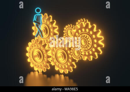 3D-Menschen - der Mensch, die Person in der Zahnräder. Geschäftsmann und Getriebe. 3D-Rendering Stockfoto