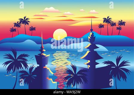 Die wunderschönen tropischen Landschaft Illustration mit Inseln und Palmen Tempel bei Sonnenuntergang in Thailand. Design Template für Tourismus Werbung in Asien. Stock Vektor