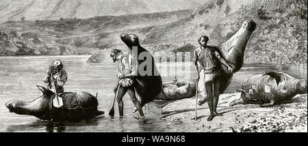 Nordwesten Indiens, Punjab. Einheimische Bevölkerung Überschreiten der Beas River mit aufgeblähten Skins (mussaks). Gravur. La Ilustracion Española y Americana, 8. April 1876. Stockfoto