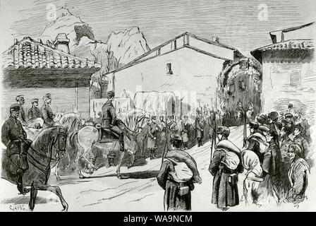 Dritte Wagenliste Krieg (1872-1876). Letzte direkte militärische Konfrontation zwischen der Wagenliste Bewegung und der Regierung Spaniens. Eingang von König Alfonso XII. und seine Armeen in Estella (Navarra) am 2. März 1876, also der Beendigung des Krieges. Leben Zeichnung von Pellicer. Kupferstich von capuz. La Ilustracion Española y Americana, 15. März 1876. Stockfoto