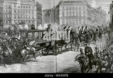 Geschichte von Spanien. Die Bourbon Restaurierung. Herrschaft von Alfonso XII (1874-1885). Madrid. Die königliche Trauerzug auf dem Weg durch die Puerta del Sol. Zeichnung von Juan Comba. Gravur. La Ilustracion Española y Americana, 22. Februar 1876. Ergänzen. Stockfoto