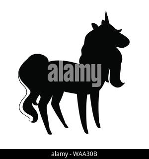 Schwarze silhouette Magic mythische Tier von Märchen Einhorn cartoon Animal design Flachbild Vector Illustration auf weißem Hintergrund. Stock Vektor