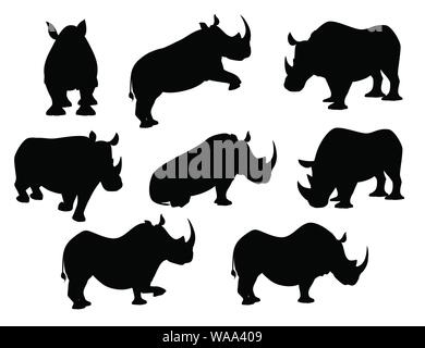 Schwarze silhouette afrikanische Nashörner in unterschiedlichen Posen cartoon Animal design Flachbild Vector Illustration auf weißem Hintergrund. Stock Vektor